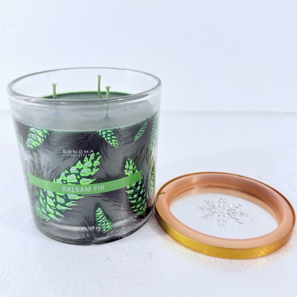 Sonoma Life + Style BALSAM FIR 3-Wick Candle Glass Jar With Lid 14oz Green NEW
